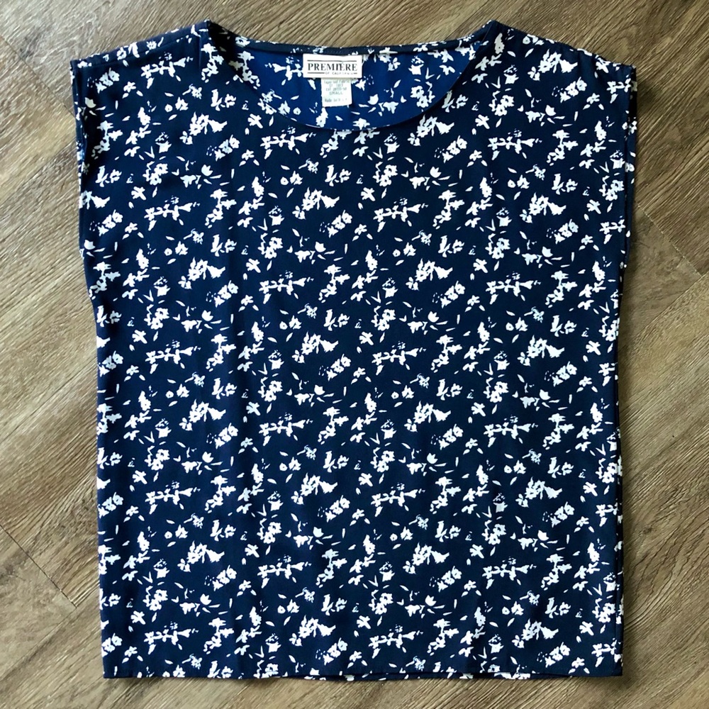 Vintage 90s Floral Print Navy Blue Blouse